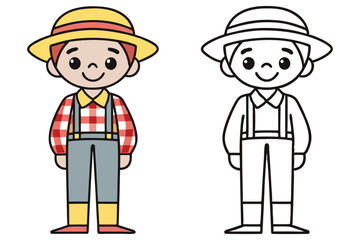 Cute Cartoon Caucasian Boy with Straw Hat and Red Plaid Shirt, Isolated