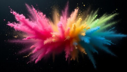 Fototapeta premium Colorful dust powder explosion black background with copy space. Dynamic blast eruption, vibrant effect, party, celebration, festival, color run element