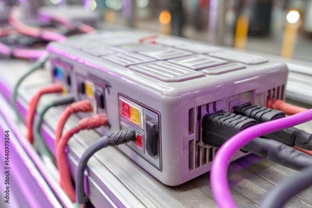 Poster close-up of a sophisticated grey electronic control box with multiple cables connected, indicating c