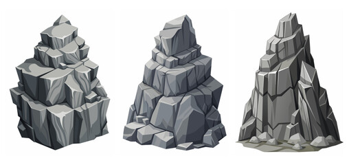 Mountain peak grey stone set. Big rock cartoon cliff. Cliff game objects. Boulder, stones, rocks, mountain peak relief. 2d rock asset. Mountain grey stones. Vector grey rock stone, isolated on white