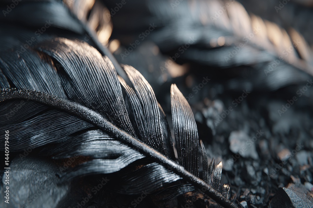Poster a detailed close-up of a black feather resting on a textured, dark surface, showcasing its intricate