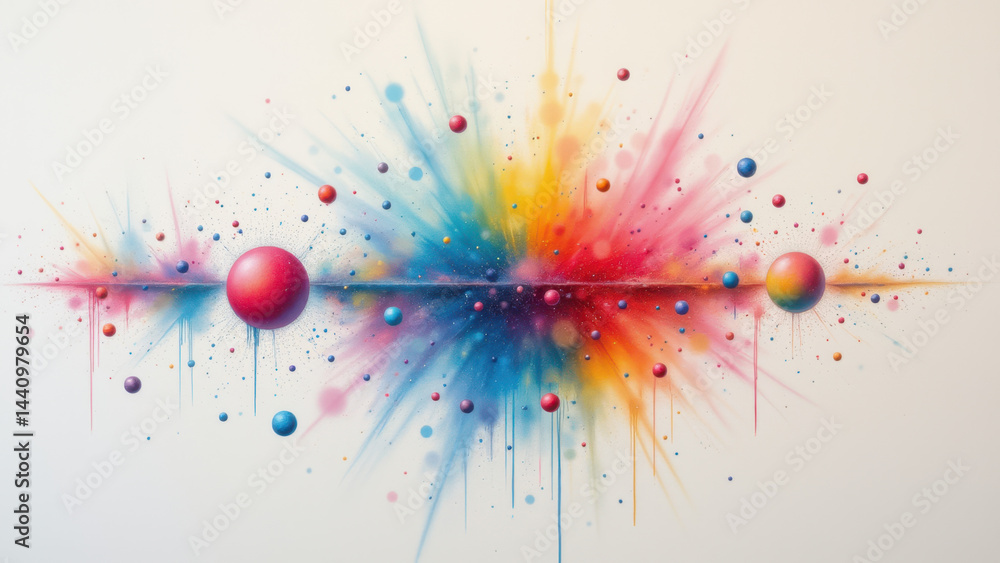 Poster a vibrant atomic explosion with colorful spheres radiating from a central point.