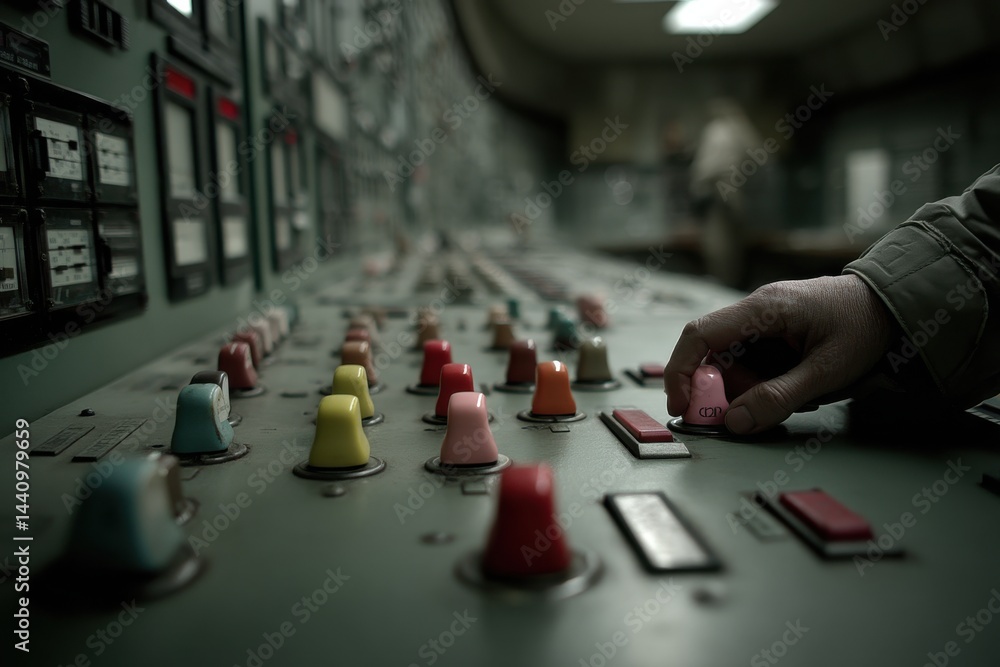 Poster a close-up of a hand pushing a button on an old control panel with many switches and meters, symboli