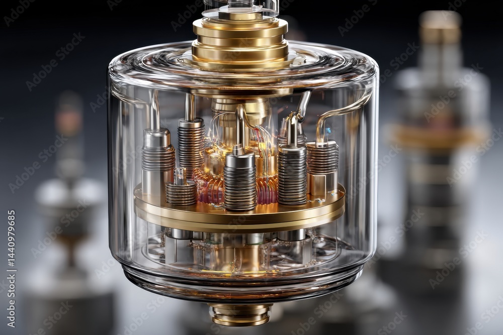 Poster a detailed view of a quantum computing processor in a transparent container, showcasing intricate go