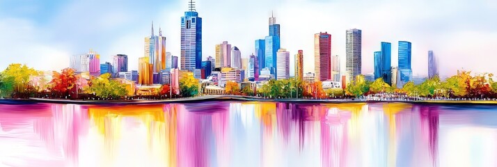 Naklejka premium oil painting melbourne downtown skyline 