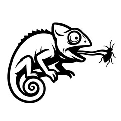 Detailed Chameleon Animal Catching Insect with Long Tongue - Black and White for Nature, Wildlife, Predators, or Graphic Themes