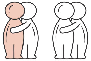 Cartoon Couple Hugging Silhouette with Color and Outline Version on Transparent