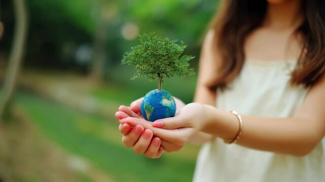 World environment day B roll - hands of woman holding globe with tree on green tree bokeh background ecology concept earth day Better Environment copy space