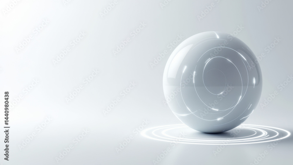 Poster futuristic atomic structure model on a white surface with a minimalist design.