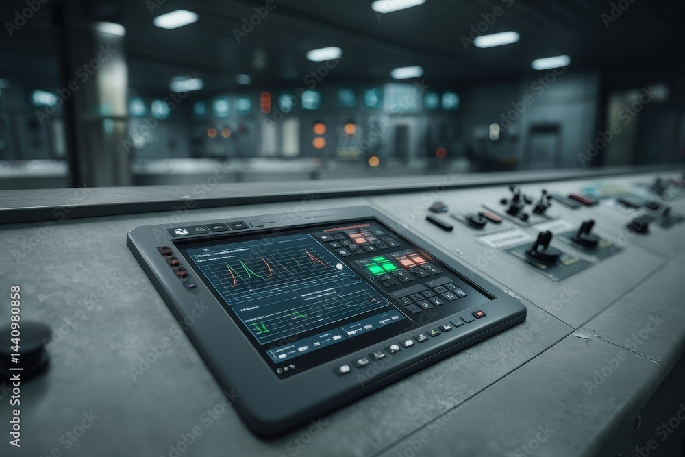 Poster a detailed view of a modern control panel with a digital display showing graphs, set against a blurr