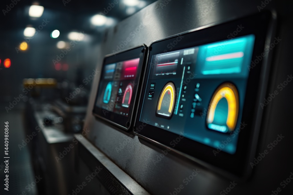Poster close-up of industrial touchscreen interface, displaying complex data visualizations and controls, s