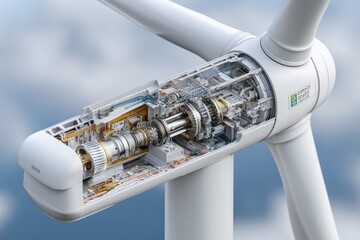 Detailed cross-section view of a wind turbine nacelle, showcasing internal components and innovative engineering solutions for sustainable energy production in a technological era.