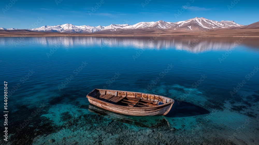 Aufkleber boat is floating in the ocean with a beautiful blue sky in the background. the boat is old and ruste
