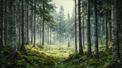 Obraz premium watercolor green pine forest landscape banner