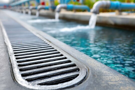 A close-up view of water flowing from pipes into a pool, showcasing water quality, industrial processes, and the seamless integration of technology with nature's resources.
