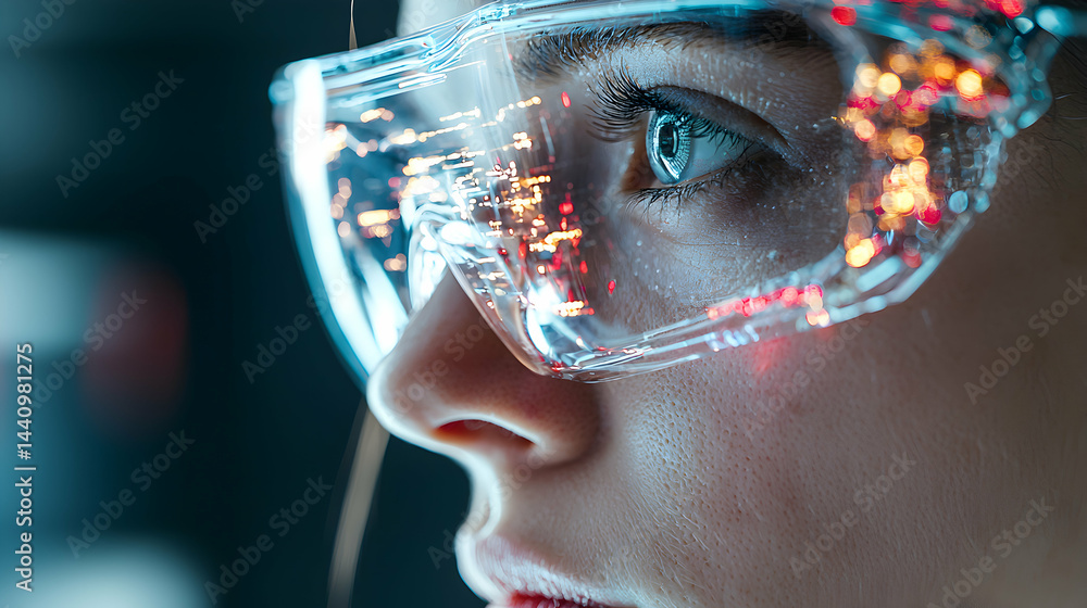 Poster a close-up of a person wearing futuristic glasses with glowing lights. suggests technology research 
