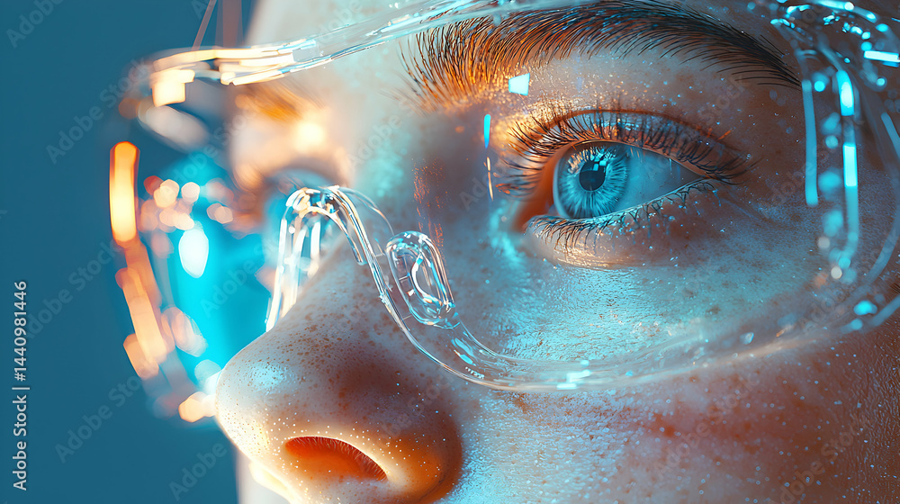 Poster intriguing close-up of a futuristic eye with holographic tech eyewear. ideal for technology promotio