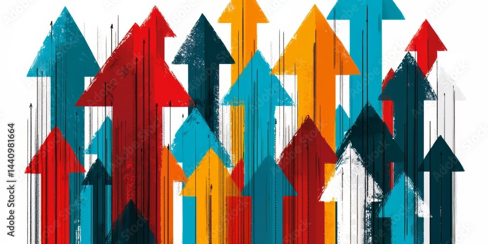 Fototapete Bunch of arrows pointing in different directions. The arrows are in various colors and sizes. Concept of movement and progress, as if the arrows are representing the growth