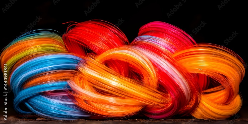Aufkleber Bunch of colorful strings are twisted together. The colors are red, orange, yellow, green, and blue. The strings are arranged in a spiral pattern, creating a visually striking