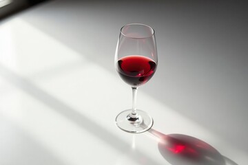 A single glass of red wine on a pristine white surface, visual, design, image