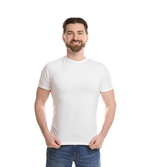Fototapeta premium Man wearing blank t-shirt on white background. Mockup for design
