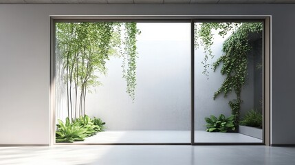 Fototapeta premium Modern sliding glass window with greenery.