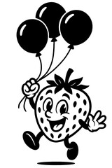Naklejka premium Cartoon Smiling Strawberry Character Holding Balloons - Black and White Illustration for Celebration, Party, Food, or Graphic Themes