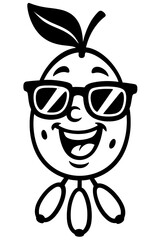Obraz premium Cartoon Smiling Fruit Character with Sunglasses and Small Berries Below - Black and White Illustration for Food, Drinks, Mascot, or Graphic Themes