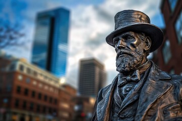 A low-angle view of the city skyline, showcasing towering skyscrapers and historic buildings in Boston's business district Generative AI