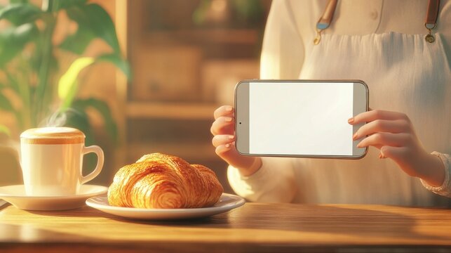 Woman is holding smartphone with blank screen over table with croissant and cappuccino in cafe