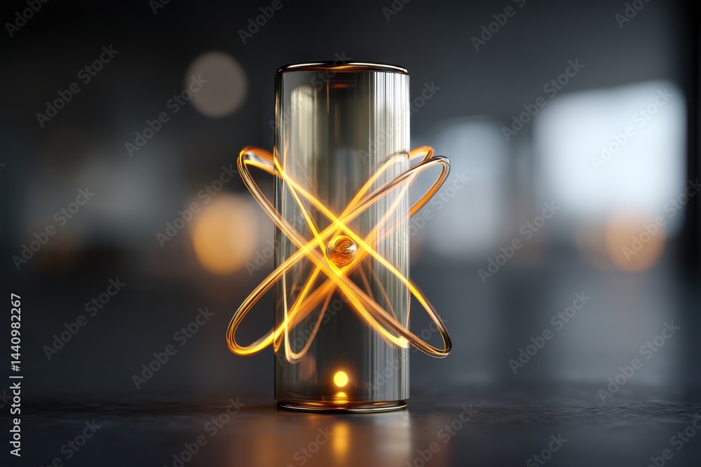 Poster abstract representation of atom with glowing electrons orbiting nucleus inside glass, conceptual sci