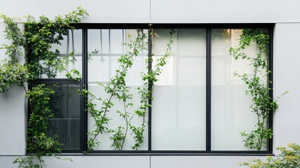 Modern sliding glass window with greenery.