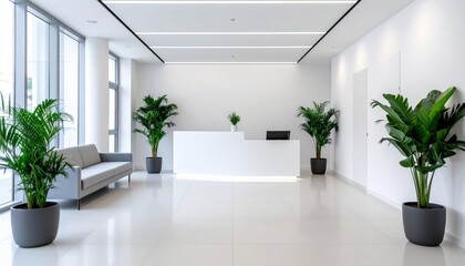 Modern office reception area with stylish minimalist decor, potted plants, sleek furniture, bright lighting, professional business vibe