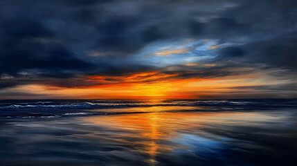 Obraz premium A calm and reflective painting of a serene beach at sunset, using soft tones of orange and blue to evoke tranquility.