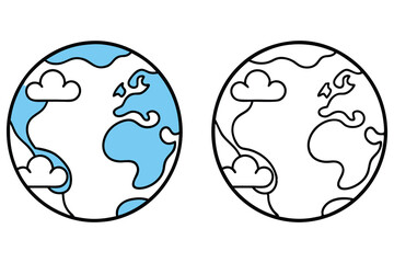 Cartoon earth with white clouds, outline drawing and colored, globe