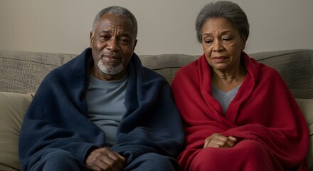 Elderly Black Couple Sitting Together Caring for Flu Symptoms in Winter