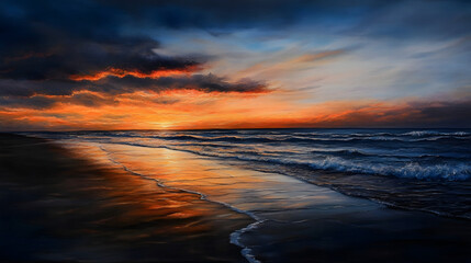 Obraz premium A calm and reflective painting of a serene beach at sunset, using soft tones of orange and blue to evoke tranquility.