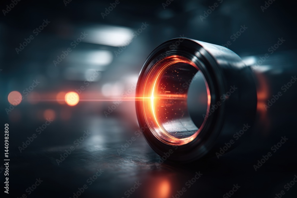 Poster a futuristic metallic structure with glowing red accents, set against a blurred industrial backgroun