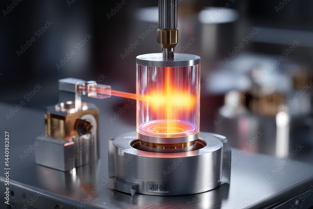 Poster close-up of a complex scientific experiment with plasma inside a clear cylinder, precision mechanics