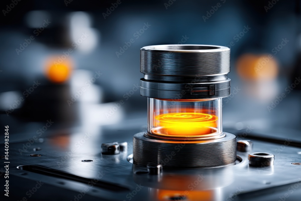 Poster close-up of a futuristic cylindrical device with a glowing core and metallic structure, reflecting l