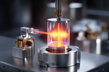 Close-up of a complex scientific experiment with plasma inside a clear cylinder, precision mechanics and laser beam, technology research and advanced engineering process in lab