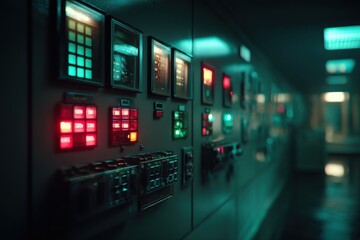 A long control panel with glowing colorful buttons and displays in a dim, industrial setting, featuring various lights and digital readouts in a technological environment.