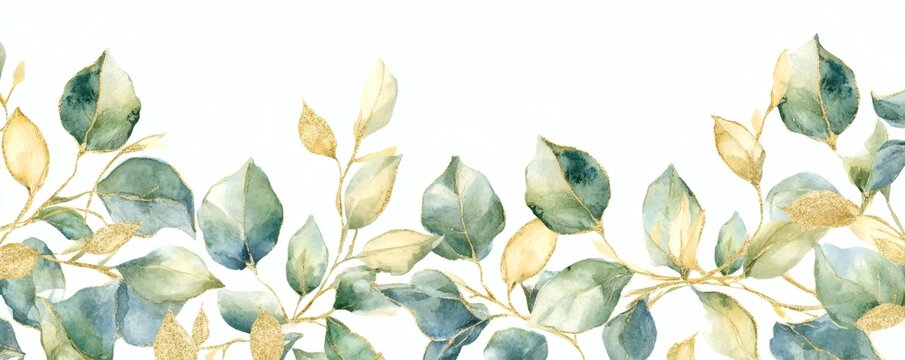 Delicate watercolor botanical border with leaves and branches