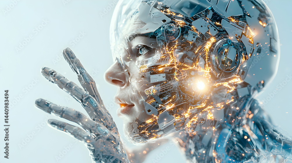 Poster an artistic cyborg with exposed internal mechanisms glowing with light. suggests future technology a
