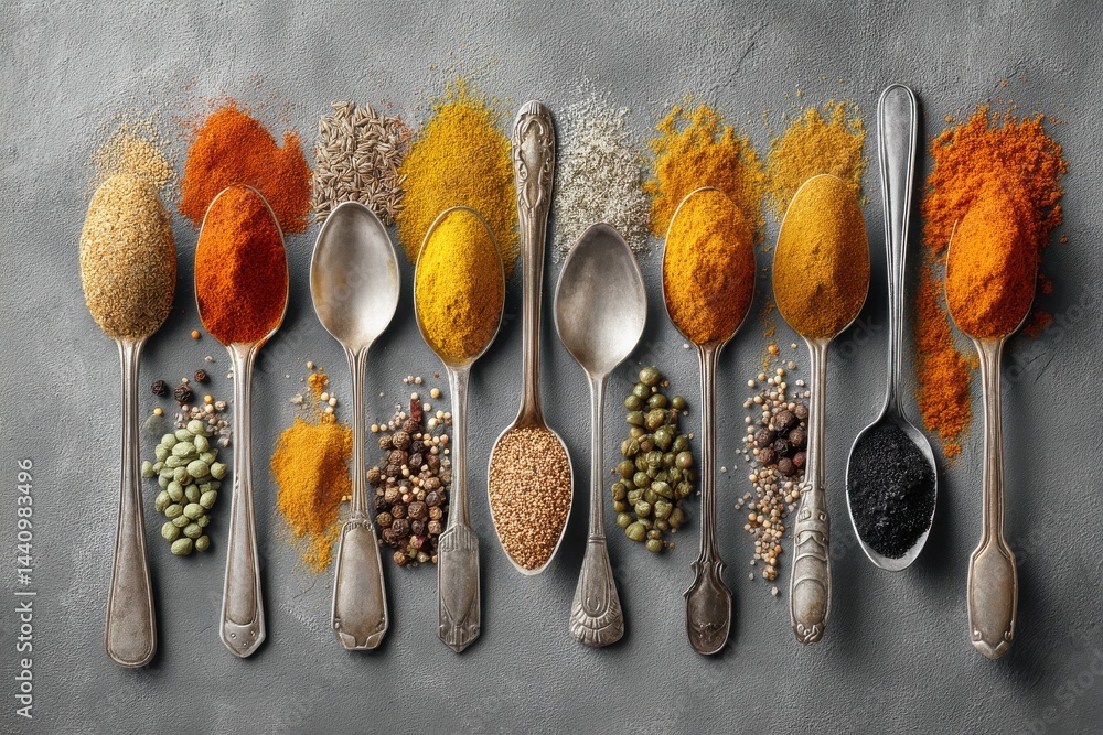 Poster an overhead shot showcasing a colorful array of various spices in silver spoons arranged in a straig