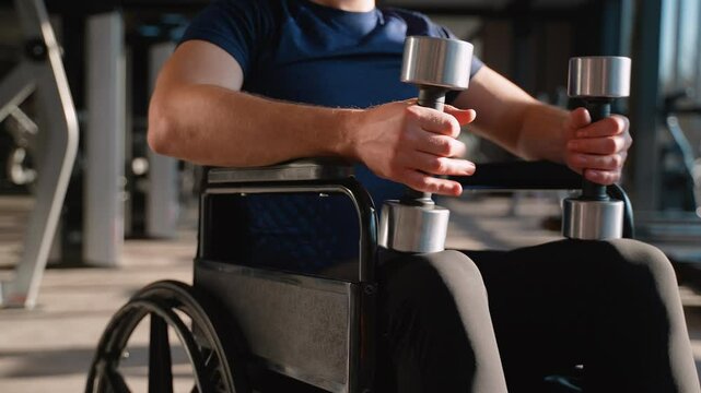 Close-up of wheelchair user holding dumbbells