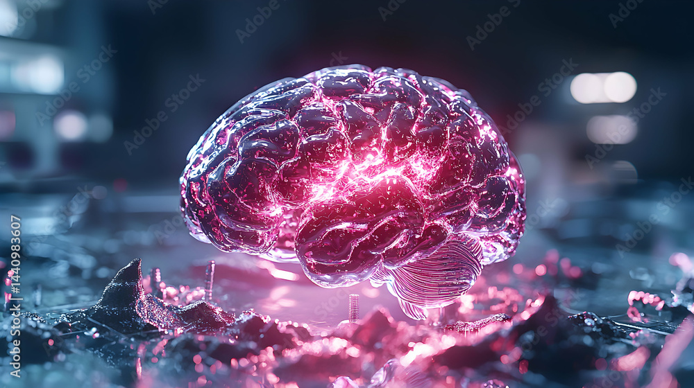 Poster an artistic depiction of a glowing brain set against a futuristic backdrop perfect for science or te