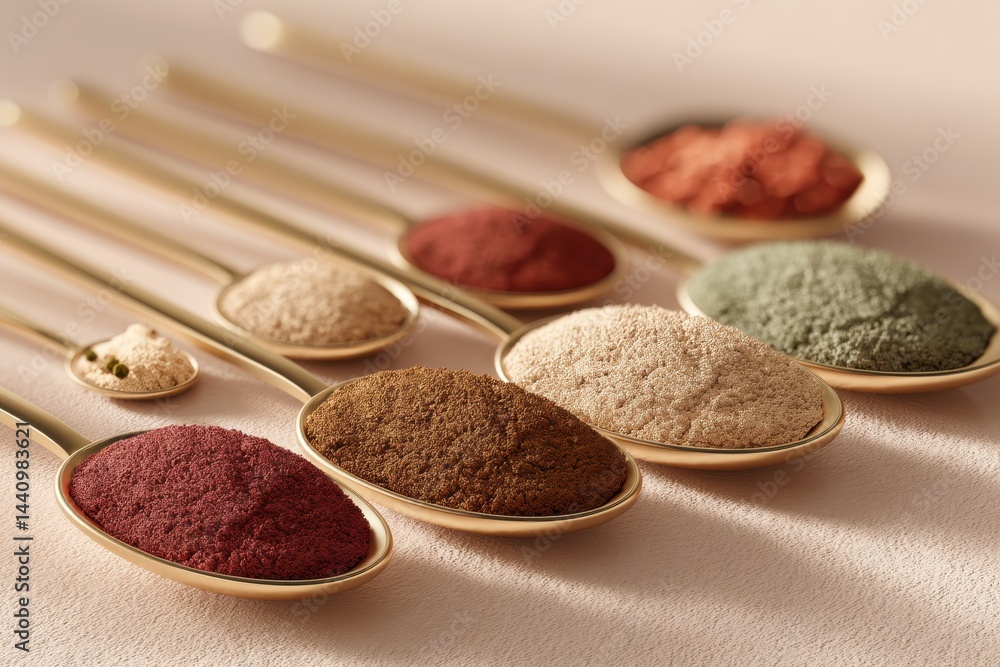 Poster golden spoons filled with colorful superfood powders create an array of textures and tones, offering