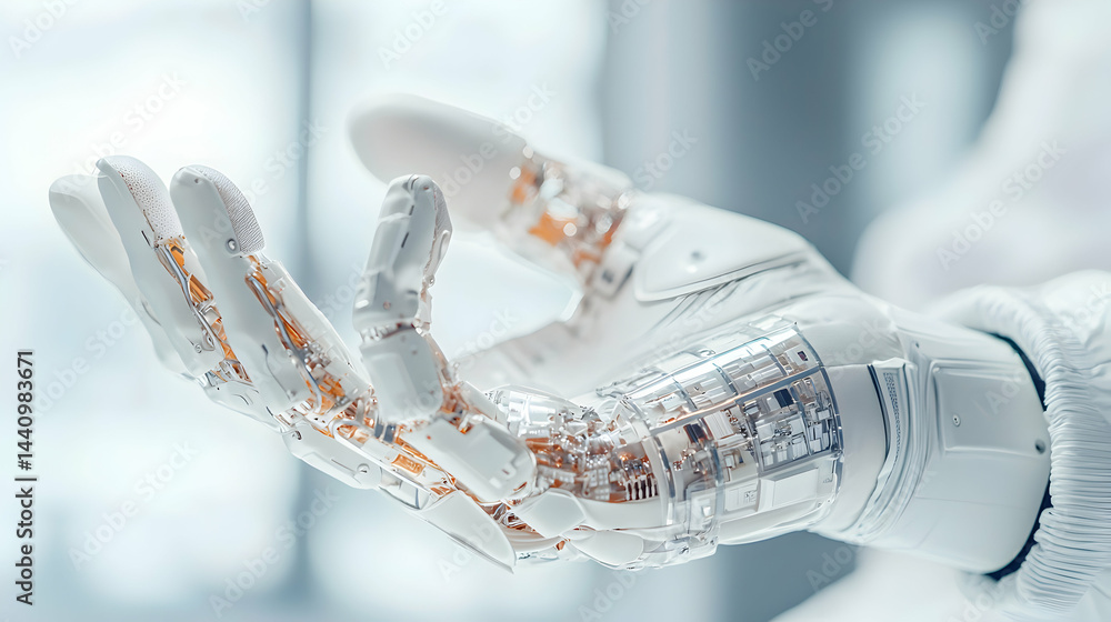 Poster a futuristic robotic hand. perfect for concepts about ai robotics medical advancements or virtual re