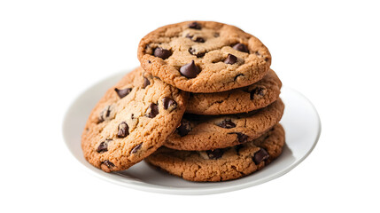 A stack of chocolate chip cookies on a white plate